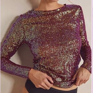 Free People NWT Gold Rush Long Sleeve Sequin top in Wine size Medium